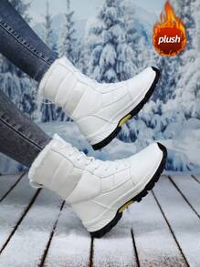 Damen Schneestiefel, neuer Herbst/Winter Hochschaft Schnürstiefel, bequem, dick profilierte rutschfeste vielseitige einfarbig schwarze Kurzstiefel, geeignet für Outdoor, Wandern, Abenteuer, modisch, Lederobermaterial, plüschgefüttert, warm, wasserdicht