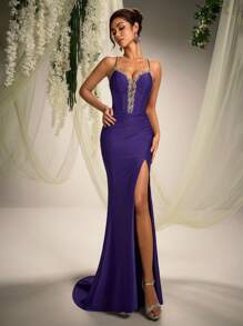 Robe de soirée formelle de AOSHABABI avec bretelles spaghetti, épaules dénudées, laçage et queue de poisson en violet foncé. Ornements perlés faits main. Robe de soirée élégante pour femme convenant à toutes les occasions formelles, festivals de musique, galas, invités de mariage, fêtes de vacances, remises de diplômes, événements de cocktail, rendez-vous, vacances et demoiselles d'honneur. - Prune - Voir 4
