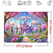 Diseño de fondo personalizable con globo con texto de cumpleaños feliz, nombre y decoración de castillo floral rosa para fiesta de princesa. Decoración de mesa de pastel, fondo de fotografía y cabina fotográfica para fiesta de cumpleaños de princesa en vinilo