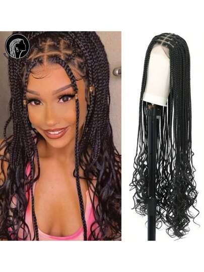 37 Inches Full Double Lace Front Knotless Box Braided Wigs With Baby Hair For Women Super Long Braids Wig With Curls Ends Lace Frontal Braid Synthetic Wigs