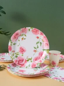 Set de vajilla desechable de 25 piezas con estampado de rosas en acuarela, que incluye platos de papel, servilletas y vasos, adecuado para fiestas de cumpleaños, picnics familiares, bodas y otras reuniones