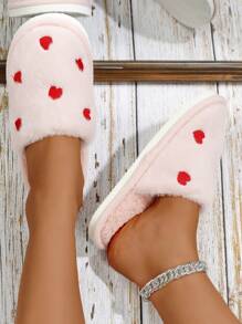 Women's Fluffy Heart Design House Slippers, Soft Bottom, Warm Lining For Indoor Wear, Autumn/Winter