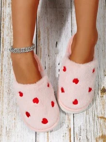 Women's Fluffy Heart Design House Slippers, Soft Bottom, Warm Lining For Indoor Wear, Autumn/Winter