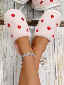 Women's Fluffy Heart Design House Slippers, Soft Bottom, Warm Lining For Indoor Wear, Autumn/Winter