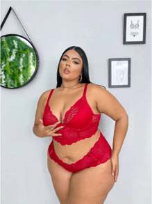 Conjunto De Lencería Plus Size Con Tirantes Reforzados, Croped Y Caleçon Plus Size - Burdeos - Ver 2