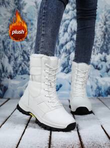 Damen Schneestiefel, neuer Herbst/Winter Hochschaft Schnürstiefel, bequem, dick profilierte rutschfeste vielseitige einfarbig schwarze Kurzstiefel, geeignet für Outdoor, Wandern, Abenteuer, modisch, Lederobermaterial, plüschgefüttert, warm, wasserdicht