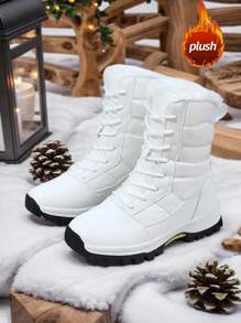 Damen Schneestiefel, neuer Herbst/Winter Hochschaft Schnürstiefel, bequem, dick profilierte rutschfeste vielseitige einfarbig schwarze Kurzstiefel, geeignet für Outdoor, Wandern, Abenteuer, modisch, Lederobermaterial, plüschgefüttert, warm, wasserdicht