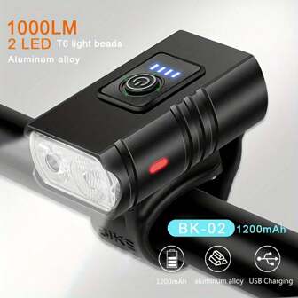 1 pezzo Luce per bicicletta in plastica, luce anteriore doppia T6, ricaricabile USB, torcia luminosa, lampada da bici per guida notturna con indicatore di batteria, accessorio bicicletta da montagna