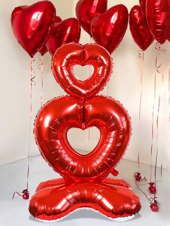 1pc Connected Heart Shaped Standing Balloon, Red Heart Balloon Suitable For Valentine's Day, Anniversary, Proposal, Bridal Shower, Romantic Night, Party Decoration