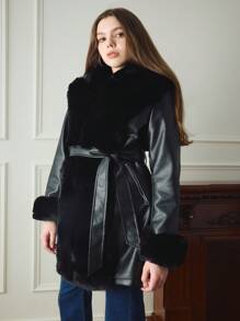 Giacca in ecopelle e pelliccia sintetica da donna con cintura di Giolshon - una scelta ideale per l'autunno/inverno, design alla moda con laccio in vita, adatta per uso casual o per andare al lavoro, elegante in colore nero - nero - Visualizzare 6
