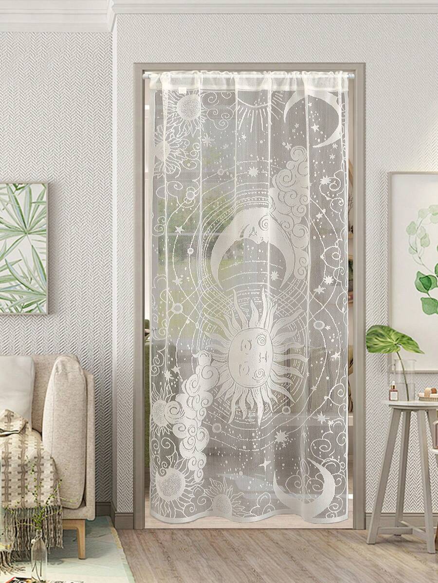 1pc Fresh Simple Sun & Moon Lace Partition Curtain, Half Curtain For Window Divider Gifts Birthday Graduation