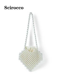 New French Elegant Lady Handmade Pearl Handbag Shoulder Bag With Heart Shape Design - Beige - View 1