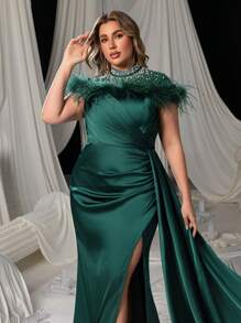 Faeriesty Plus Pearl Embellished Mock Neck Cap Sleeves Draped Formal Party Dress, Wedding Guest Dress, Evening Dress - Dark Green - View 6