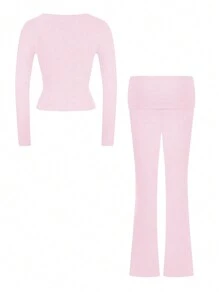 GAOVOT 女士两件套春夏 Y2K 修身性感纯色方领长袖上衣和微喇叭裤套装 - 粉色 - 查看 10