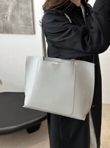 简约纯色别致 PU 手提包，潮流小众设计高端感 - 灰色 - 查看 6