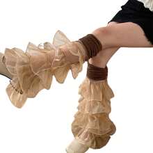 Women's Leg Warmers With Lace And Patchwork Ruffles, Thigh-High Socks, Streetwear Boot Covers - Brown - View 3