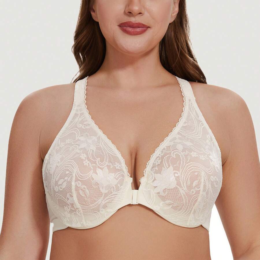 MELENECA MELENECA Women's Plus Size Racerback Unlined Lace Underwire Front Closure Bra