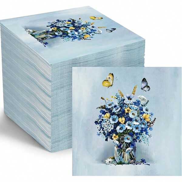 20pcs Blue Floral Cocktail Napkins Butterfly Paper Hand Towels Butterfly Floral Dinner Decorative Guest Napkins Colorful Garden Spring Summer Flower Paper Napkins For Bathroom Wedding Shower Birthday Party Decoration