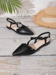 Sandal Wanita Ujung Lancip Hak Rendah dengan Tali Simpul Pita, Desain Baru 2025, Fesyen Korea, Sepatu Datar Serbaguna - Hitam - View 5