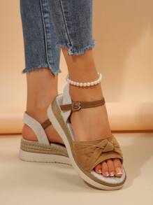 女士时尚夏季坡跟凉鞋，户外度假风格露趾厚底撞色系带踝带高跟公主鞋