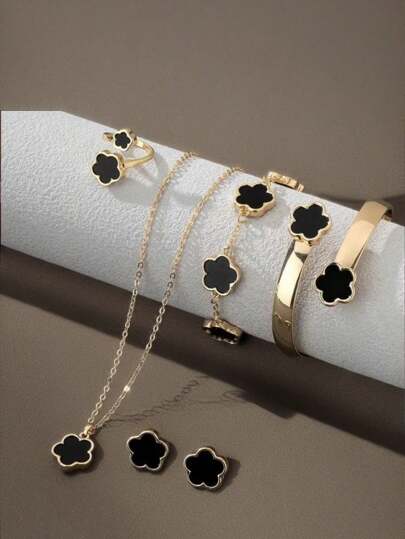 Set de 6 piezas: Collar, Pulsera, Aretes, Anillo, Collar con flor de la suerte, Aretes dorados, Anillo dorado, Collar dorado, Pulsera dorada, Brazalete dorado, Conjunto de joyería para niña, Adecuado para volver a la escuela, fiestas, vacaciones