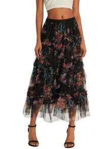 Women's Summer Floral Skirt Irregular Flowy A-Line Midi Skirt For Travel, Beach, Shopping - Black - View 5