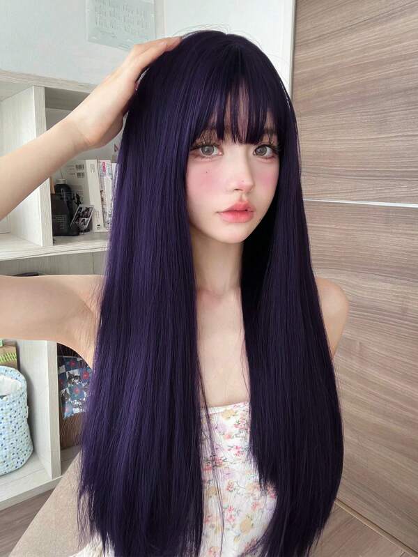 alicegarden 1 Stück synthetische hitzebeständige, lange gerade Perücke in natürlichem Lila, mit Pony, 24 Zoll lang, aus Fasern hergestellt, geeignet für den täglichen Gebrauch, natürliche und realistische Perücke.