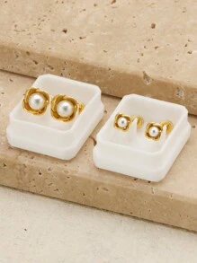 1 对/2 件浪漫不锈钢耳环玫瑰花珍珠耳环女士情侣饰品 - 金色 - 查看 2