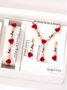 1 pièce Collier + 1 pièce Bracelet + 2 pièces Boucles d'oreilles Ensemble de bijoux, Décor de fleur de rose vintage en cristal, Collier, Bracelet, Boucle d'oreille de rose rouge/bleue élégante personnalisée, convient aux femmes