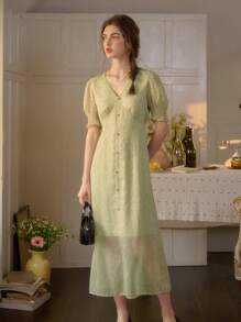 Simple Retro Đầm maxi nữ cổ chữ V tay cánh hoa họa tiết hoa nhí thanh lịch kiểu vintage ôm sát, thích hợp cho kỳ nghỉ xuân/hè. - màu xanh lá - Xem 2