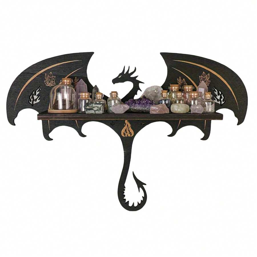 Gothic Dragon Wall Shelves Witchy Wood Display Rack Floating Design Unique Home Decor Ideal For Books Decorations Collectibles Easy To Mount - Black - View 1