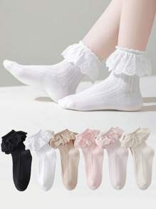 1 双儿童公主风格荷叶边中筒袜，甜美女孩袜子，适合春季、夏季和所有季节 - 彩色 - 查看 1