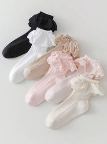 1 双儿童公主风格荷叶边中筒袜，甜美女孩袜子，适合春季、夏季和所有季节 - 彩色 - 查看 2