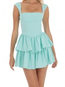 Women Fairy Lace Mini Cami Dress Y2k Sleeveless Ruffle Solid Dress Backless Layered Short Dress Party Clubwear