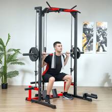 Soozier Jaula de Potencia Smith Machine, Estante multiusos con barra para dominadas, sistema de polea para dominadas, bastidor para sentadillas, barra para mancuerna, landmine, postes de almacenamiento de placas, para gimnasio en casa - Negro - Ver 1