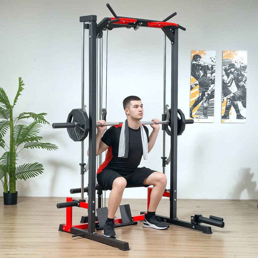 Soozier Jaula de Potencia Smith Machine, Estante multiusos con barra para dominadas, sistema de polea para dominadas, bastidor para sentadillas, barra para mancuerna, landmine, postes de almacenamiento de placas, para gimnasio en casa - Negro - Ver 1