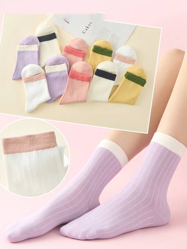10 Pares Calcetines De Tripulación Largos Para Dama,Calcetines De Algodón De Tela Ligera y Ajuste,Unitallas,Varios Colores