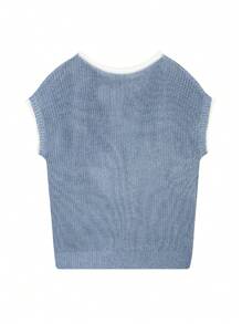 女士撞色滚边休闲撞色拼接蝙蝠袖针织上衣，短袖针织衫，无袖背心，夏季上衣，春季服装，宽松吊带衫，T恤 - 藍色 - 查看 7