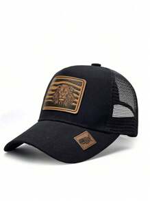 1pc Prairie Series, Retro Leather Label Lion Pattern, Showing Strength And Majesty, Fashionable Outdoor Baseball Mesh Cap