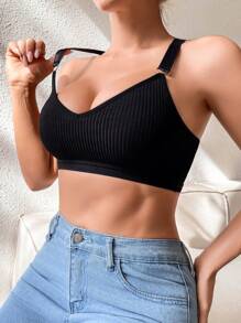 女士黑色罗纹针织无衬垫运动胸罩，背部交叉设计，舒适