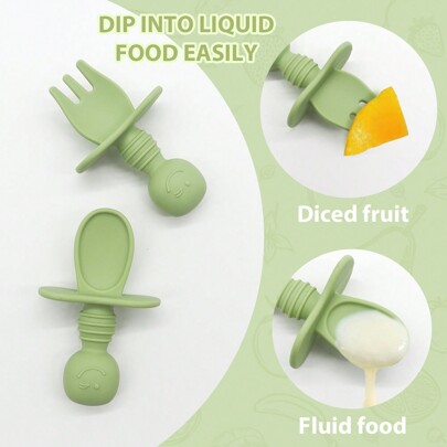 مجموعة ملعقة وشوكة من السيليكون للأطفال، قصيرة المقبض، مناسبة لأيدي الأطفال الصغيرة، قطعتان/مجموعة