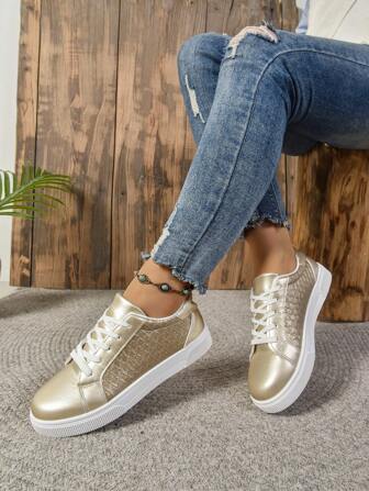 Glossy Casual Sports Sneakers With Soft Sole And Lace-Up Closure