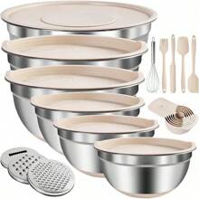 Mixing Bowls With Airtight Lids Set,20 PCS Kitchen Gadgets Set,6 Stainless Steel Bowls,3 Grater Attachments, Non-Slip Silicone Bottoms,Great For Serving&Baking, Size 5, 4, 3.5, 2.1, 1.5,1.1QT - 預設色 - 查看 1
