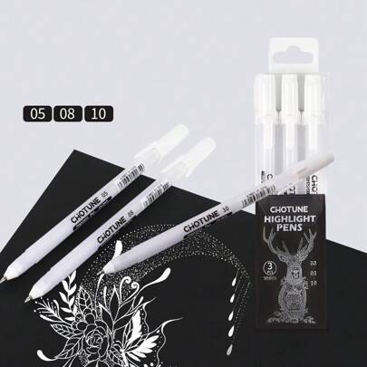 3pcs/Set 0.5/0.8/1.0mm Gelly Roll Gel Pens, White Fluorescent Pens Suitable For Journaling, Art Drawing, Classic White Ink, Multiple Tip Sizes, Back To School