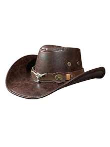 1pc Men's Multi-Color Bull Head Studded Leather Jazz Hat, Outdoor Sun Hat, Large Brim Western Cowboy Hat, Spring/Summer/Autumn