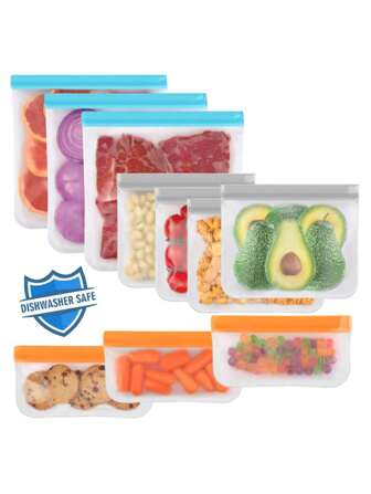 可重复使用的硅胶食品储存袋，自立防漏拉链袋，可重复使用的三明治袋，适用于谷物，肉类，水果和蔬菜，厨房储存和储藏，厨房配件