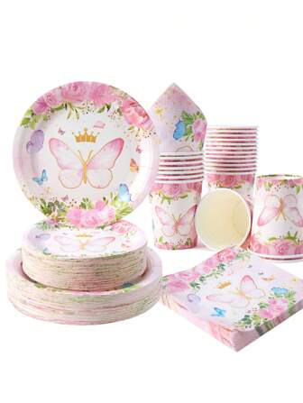 1 Set Disposable Tableware, Pink Butterfly Crown Design Paper Plates, Napkins And Cups, Suitable For 25 Guests, Disposable Tableware Perfect For Birthday Party, Family Picnic