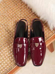 2025年秋季女士平底方头时尚虎头金属扣红色穆勒鞋，带后绑带，舒适女式乐福鞋 - 酒紅色 - 查看 5