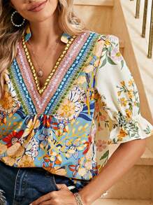 Boho Retro Vintage  90's Khaki Beige Apricot Ruffle V Neck Half Sleeve Loose Top Shirt Blouse - 彩色 - 查看 3