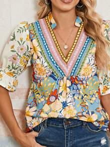 Boho Retro Vintage  90's Khaki Beige Apricot Ruffle V Neck Half Sleeve Loose Top Shirt Blouse - 彩色 - 查看 2